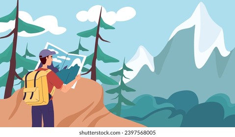 Junge reist zum Berg. Der Mann mit Karte auf dem Hügel sieht Felsen mit Schneeflocken. Aktiver Lebensstil und Freizeit im Freien. Schönes Naturpanorama und Landschaft. Cartoon-Flavektor-Vektorgrafik