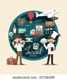 Boy travel plan on vacation design infographic,people learn concept vector illustration