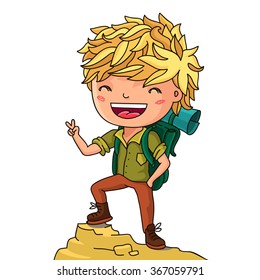 Boy - the traveler with a backpack. Vector illustration on white background.