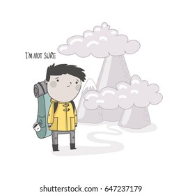 The boy traveler stays with a large backpack for camping in a yellow jacket with a sad face and behind him are the mountains. Above him is an inscription I am not sure. Vector illustration.