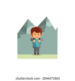 Boy is traveling in the mountains. Character Vector Illustration on the theme World Tourism