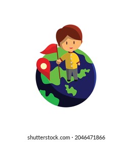 Boy is traveling on a globe . Character Vector Illustration on the theme World Tourism