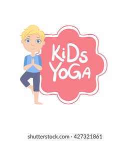 Boy In Tree Pose With Yoga Kids Logo Bright Color Cartoon Childish Style Flat Vector Drawing On White Background