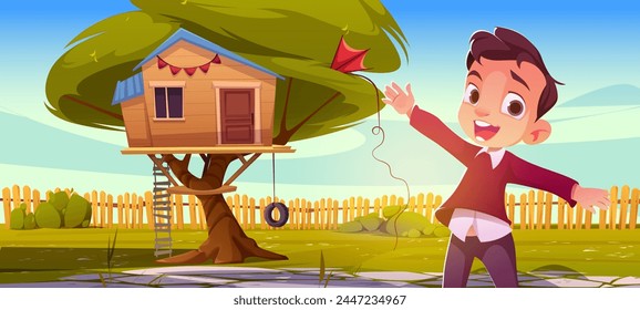 Boy, treehouse and swing in garden yard cartoon. Tree house building for children on country backyard. Happy little kid welcome to playing in playground wood cabin with ladder panorama background.