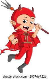 The boy with the trident is wearing the devil costume for halloween of illustration