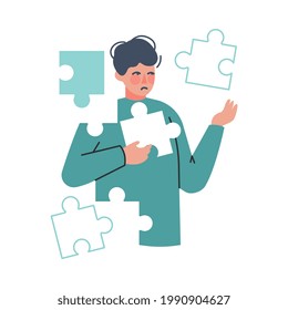 Boy Tries to Combine Puzzle, Cognitive Development, Autistic Spectrum Disorder Cartoon Vector Illustration