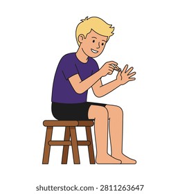 A boy trims his nails while sitting upright on an identical wooden bench against a plain white background, wearing a plain dark purple shirt and identical black shorts. Flat vector modern illustration