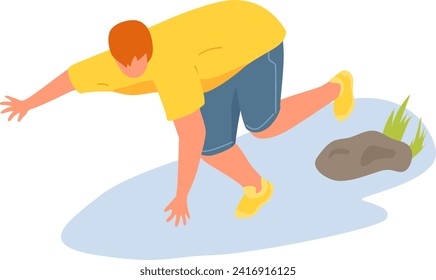 Boy tripping over a rock while playing outside, cartoon child in casual clothes falling down. Childhood game and safety, accident prevention vector illustration.