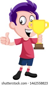 Boy with trophy, illustration, vector on white background.