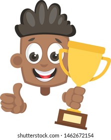 Boy with trophy, illustration, vector on white background.