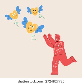 Garoto tentando pegar o coração voador. Desejo ou aspiração. Ilustração vetorial colorida
