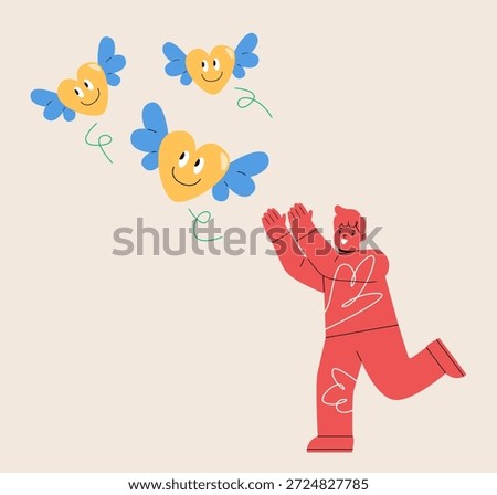 Boy trying to catch flying heart. Desire or aspiration. Colorful vector illustration
