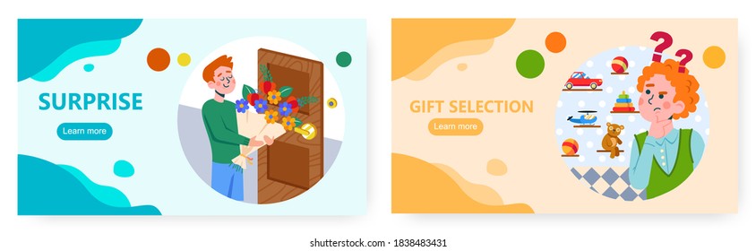 Boy trying to choose a new toy in kids store for his birthday gift. Man with flowers bouquet in front of the door. Vector concept illustration. Web site design template
