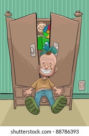 boy trying to close his wardrobe with a lot of toys