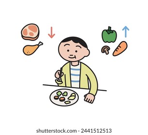 a boy is trying to eat more veggies in his diet. less meat. cartoon style vector illustration.