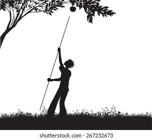 boy trying to get  big apple on the tree by long stick, shadow, big apple, black and white, vector.