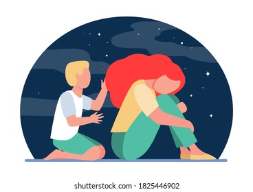 Niño tratando de ayudar a una mujer triste. niño ayudando a mujeres afligidas por la noche, ilustración vectorial plana. Concepto de depresión y melancolía para banner, diseño de sitios web o página web de inicio