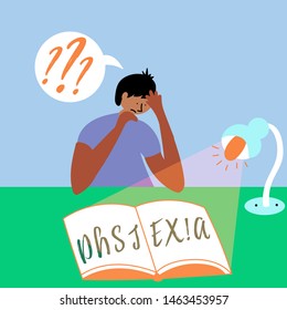 The boy is trying to read a book. Invisible Disorder Dyslexia. Dyslexia in the boy. Vector editable file eps 10