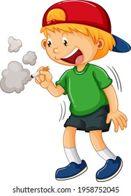 A boy trying to smoke cigarette cartoon character illustration
