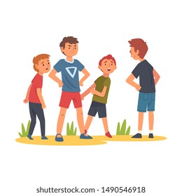 Boy Trying to Stop Boy Who Bullying Kids, Child Defending Little Boy and Girl Who Standing Behind Him Vector Illustration