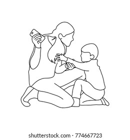 boy trying to take mobile phone from his mother vector illustration outline sketch hand drawn with black lines isolated on white background. Family problem concept.