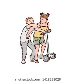 The boy is trying to take the scooter away from the girl, the girl pushes him away and gets angry. Children conflict and fighting, violence and bullying, vector cartoon illustration.