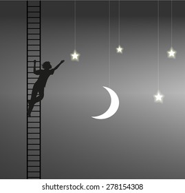 boy trying to take the star, ladder to the heavens, on the heavens, dream, shadows 