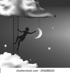 boy trying to touch the moon, ladder on  the clouds, on the heavens,fairytale, dream, shadows 