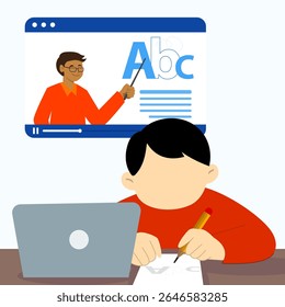 A boy is trying to write the alphabet on front of laptop as shown by the teacher in an online learning video on laptop screen. Online education concept.