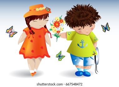 A boy in a T-shirt with an anchor gives a bouquet to a girl in an orange dress and hat, around fly butterflies, romance, love, a date.