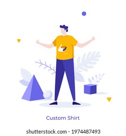 Boy in t-shirt with print demonstrating thumbs up. Concept of custom shirt, customizable clothing or apparel, making of promotional merchandise. Modern flat colorful vector illustration for banner.