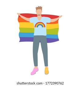 Boy in T-shirt with rainbow taking part in pride parade. Pride Month. 
 Man demonstration for LGBT rights. Activist . Colorful vector illustration in flat style. Isolated on white background.