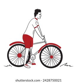 Boy in T-shirt and red shorts is standing on the ground and riding a bicycle. Hand drawn vector sketch doodle character illustration. Concept of sport, leisure, spring summer travel, adventure