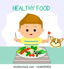 A boy in a T-shirt is sitting at a table, a plate of vegetables. The puppy looks like shit. Healthy food, organic products. Cartoon style, flat, vector.