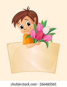 Boy with tulips and place for text