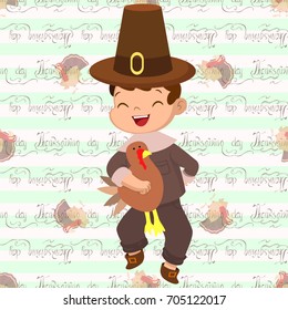 Boy with turkey vector seamless pattern. Thanksgiving background.