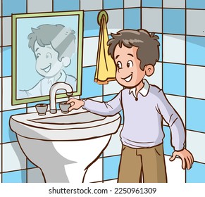 boy turning off the tap in the bathroom cartoon vector