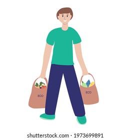 Boy with two eco bags of goods. Flat vector illustration for flyers, banners, web, etc