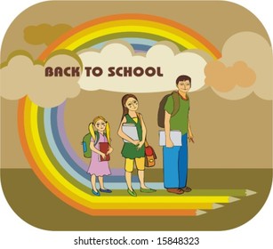  boy and two girls go to school on a rainbow from pencils