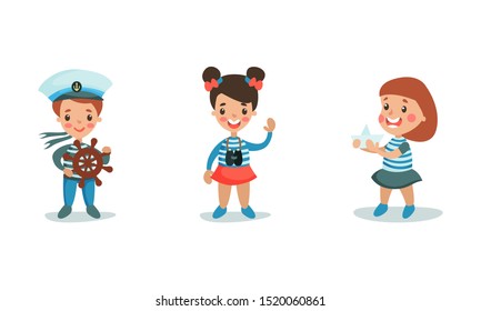 Boy And Two Girls Play Wearing  Sailors Uniform, Set Of Vector Illustrations