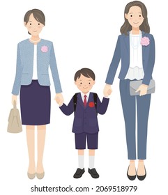 Boy and two moms on the day of the entrance ceremony of elementary school