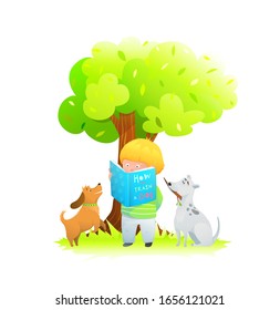 A boy with two puppies in a dog park under oak tree reading a book on how to train a dog. Little kid boy outdoors training two dogs in the park. Curious and excited amusing watercolor style vector.