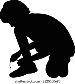 a boy tying laces, silhouette vector