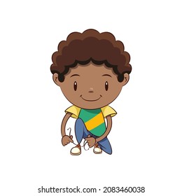 Boy Tying Shoes, Vector Illustration