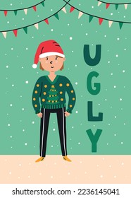 Boy in an ugly Christmas sweater greeting card design. Vector illustration