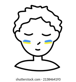 Boy with the Ukrainian flag on his cheeks. Vector simple image, doodle. For websites, design, stickers, logos, labels, books.