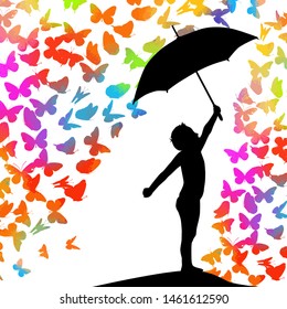 A boy with an umbrella. Colorful butterflies. Vector illustration