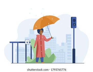 Boy with umbrella crossing road in rainy day. City, pedestrian, traffic lights flat vector illustration. Weather and urban lifestyle concept for banner, website design or landing web page