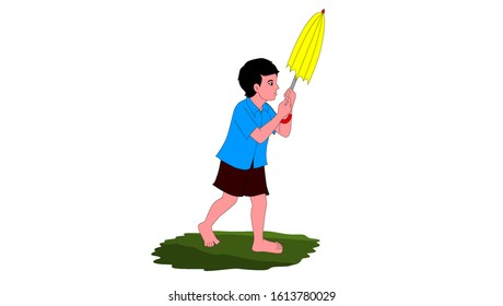A boy with an umbrella opening attempt illustration