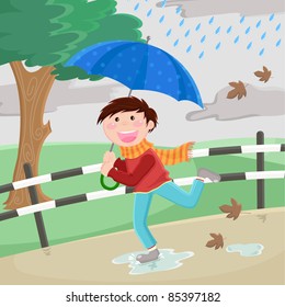 boy with umbrella running in the rain